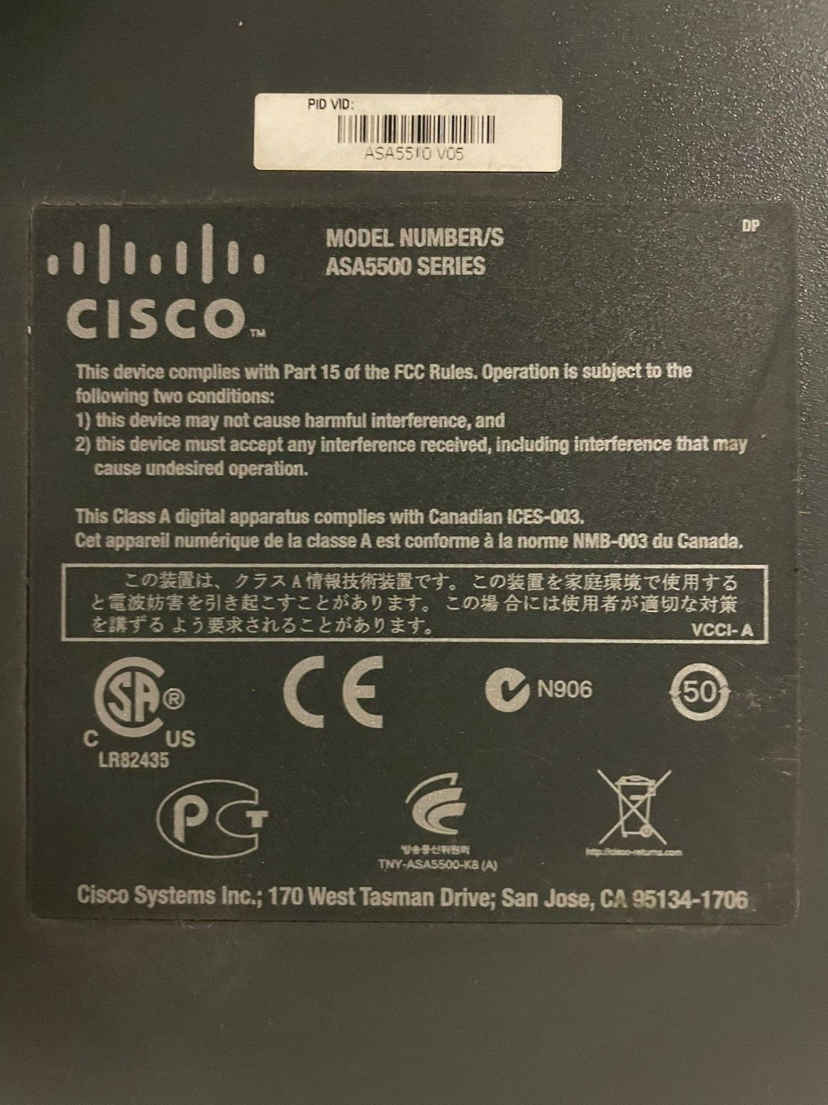 ASA5510-V05 Series Adaptive Security Appliance Firewall VPN Used A