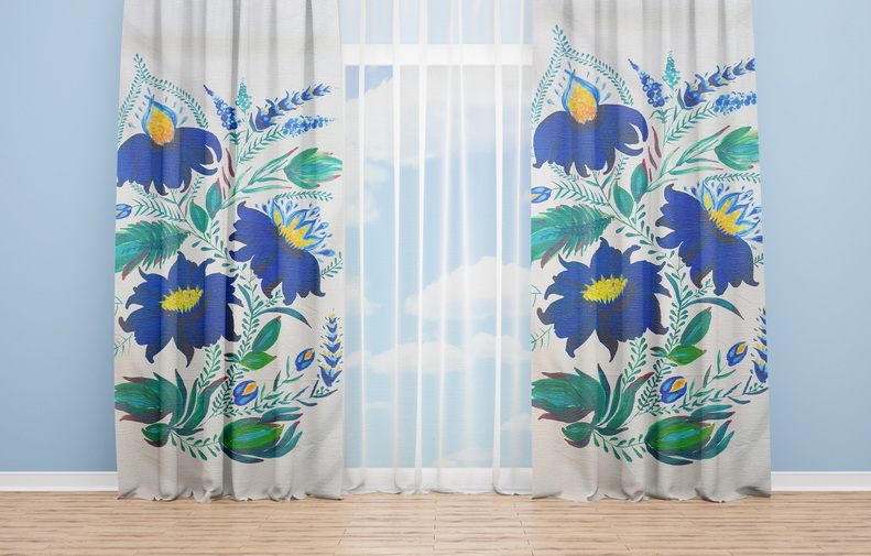 OYO Home SL FPR 22A New 240cm Blue Calico Flower Curtains 280cm
