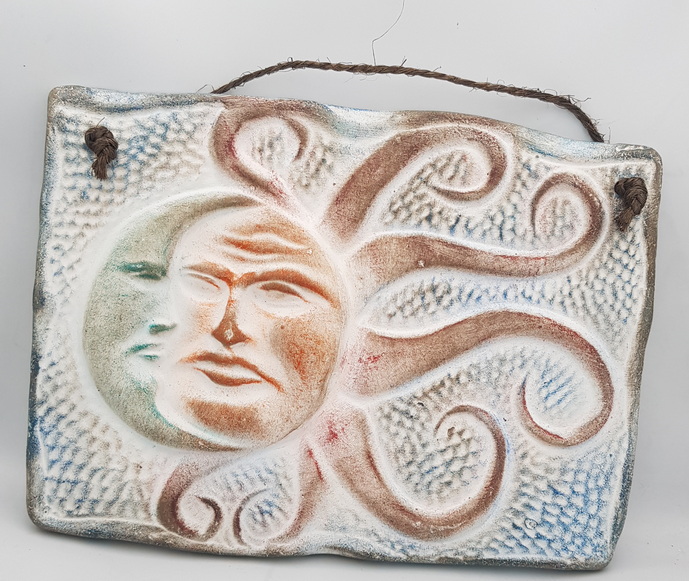 Articiones Handmade Sun and Moon Face Engraved Art Wall Changer Decor Clay