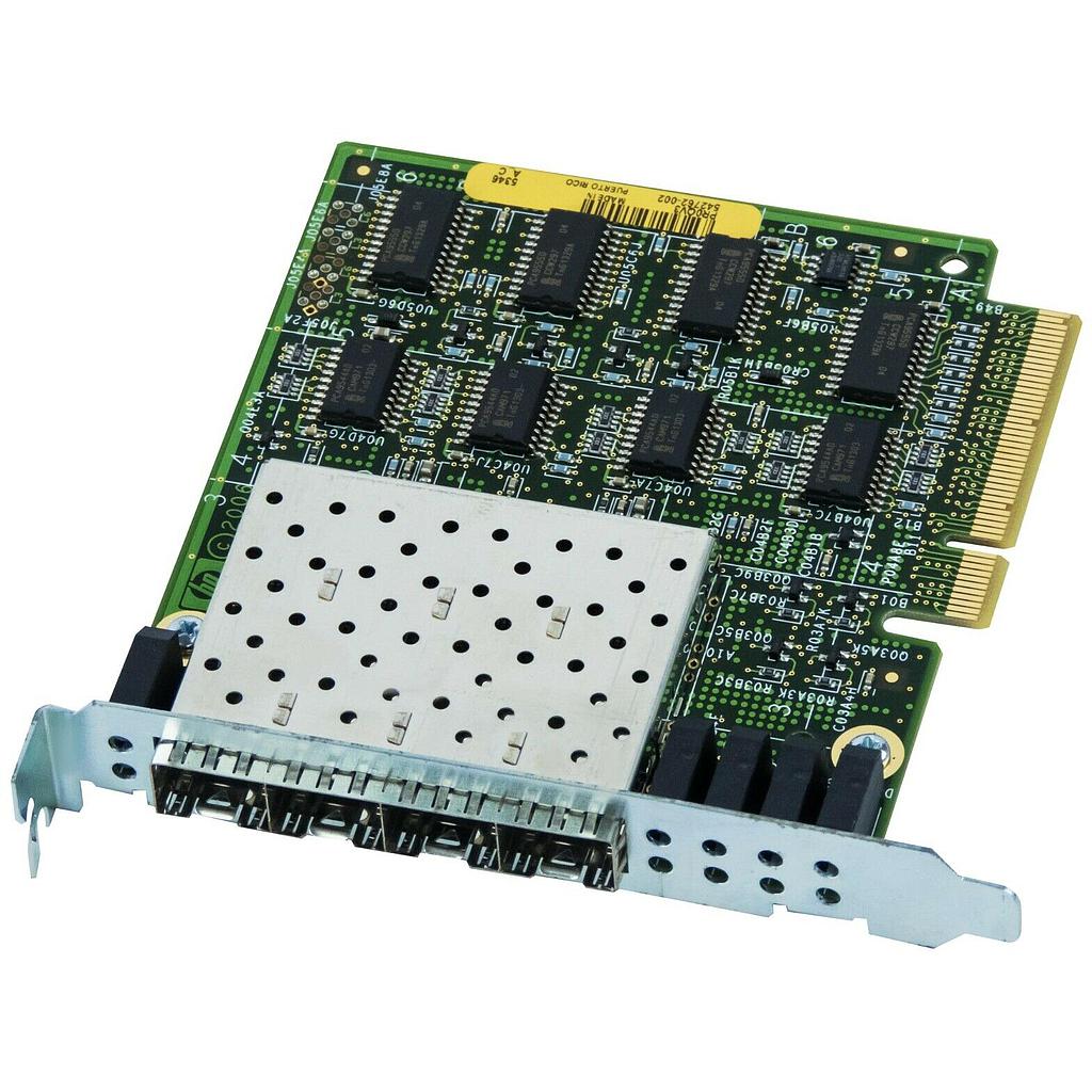 HP 542762 002 4 PORT 4Gbps FIBRE CHANNEL PCIe Card with 4 Finisar FTLF8524P2BNV SFP Transceiver Module Used A